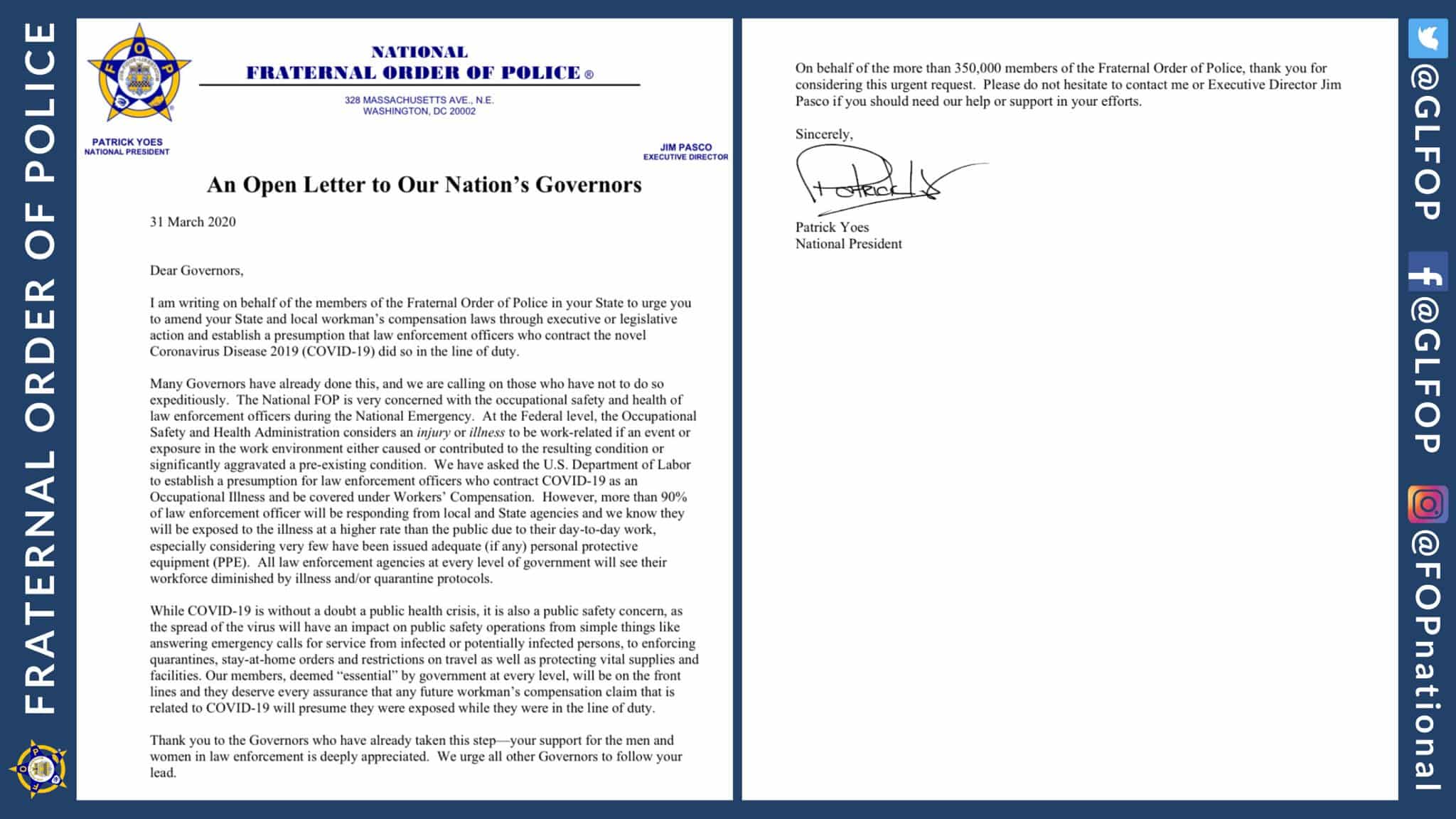 National FOP Pres. pushes for COVID-19 related illnesses be categorized as “in the line of duty”…